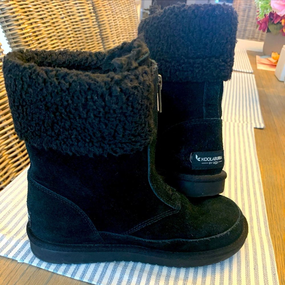 Koolaburra by UGG Black Suede Boots Mid-Calf Sz 2 Lytta Sherpa Front Zip